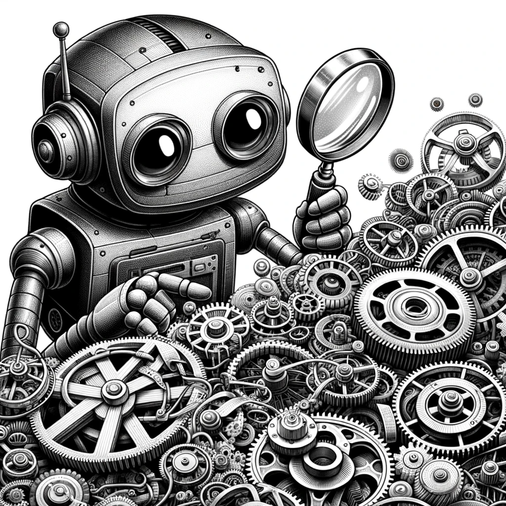 A robot is closely inspecting a collection of intricate gears and circuits, showcasing a scene that blends elements of technology and curiosity.