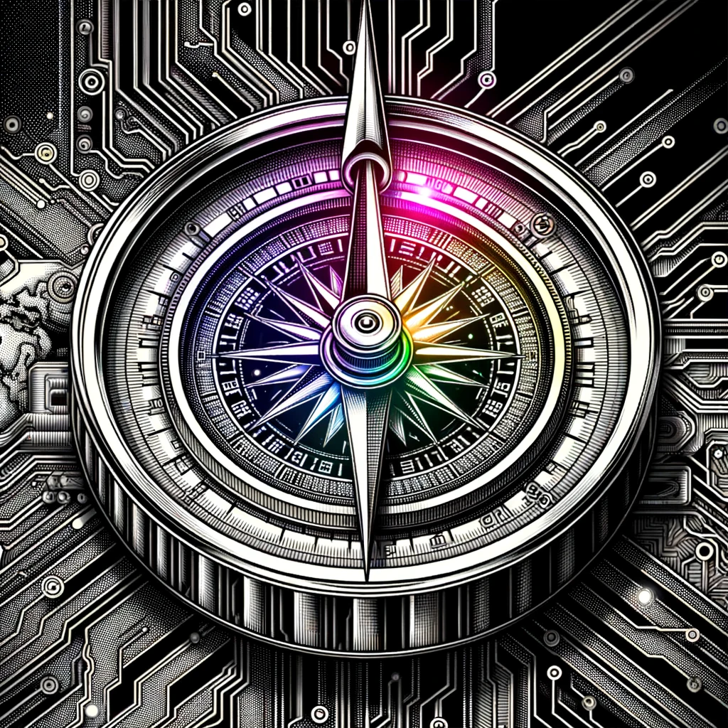 A futuristic compass with intricate circuitry patterns etched onto its surface.