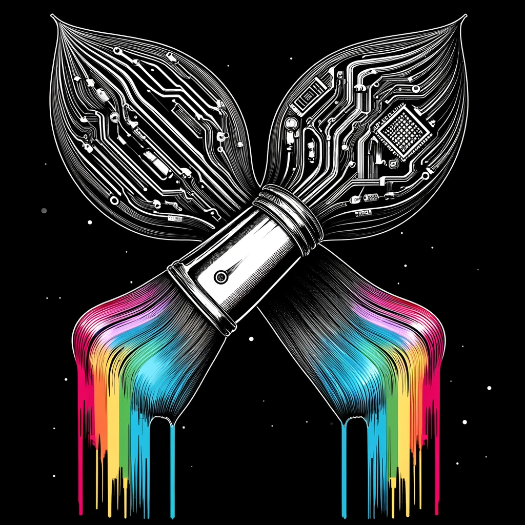 A stylized paintbrush crossed with a circuit board, forming an "X" shape. The paintbrush bristles are composed of colorful data streams, and the circuit board features glowing nodes and transistors, symbolizing the merging of artistic expression and technological innovation.